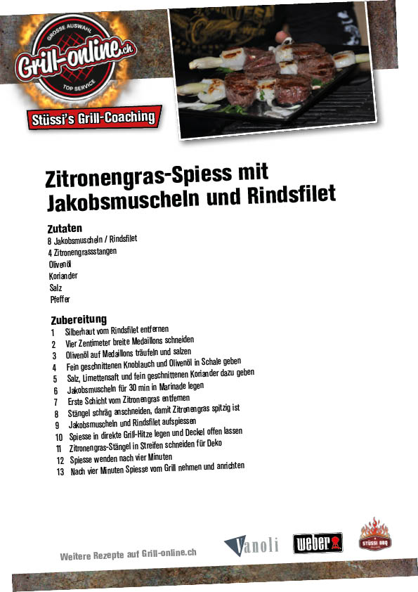 Rezept: Zitronengras-Spiess mit Jakobsmuscheln und Rindsfilet